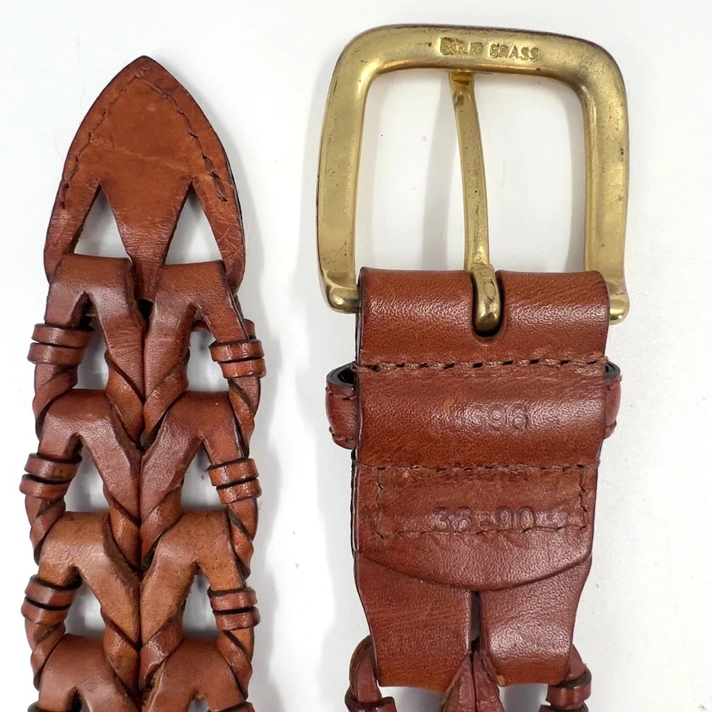 Mens Braided Woven Leather Belt Brown Solid Brass Buckle 36 Vintage 90s